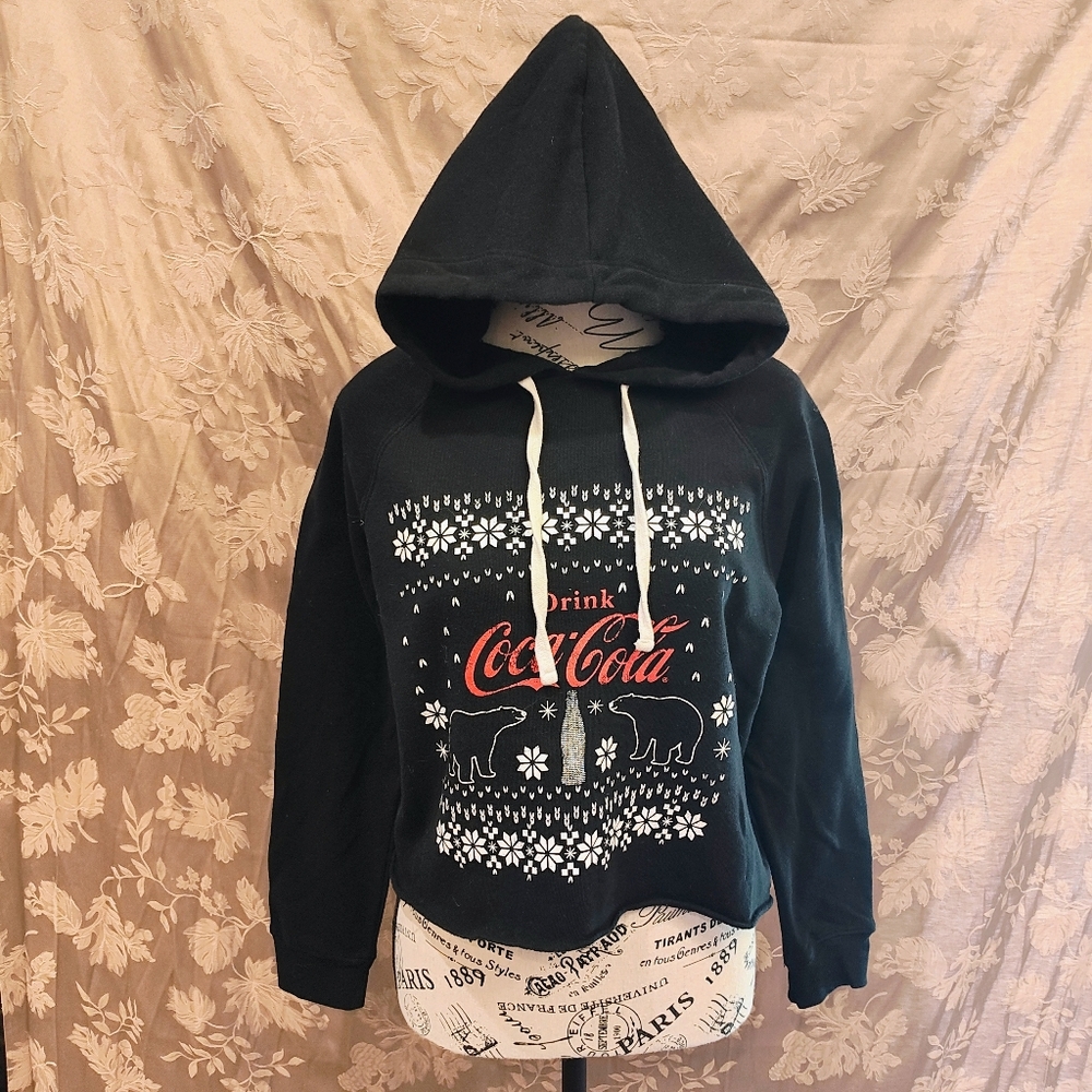 Coca Cola Black Snow Flake Winter Polar Bear Crop Hoodie, Size M, Like New!